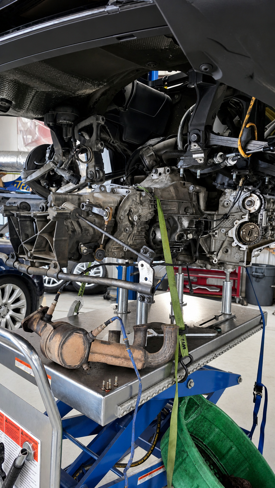 SUV on lift with engine and drivetrain partially dropped and exhaust components on a jack stand in a shop setting